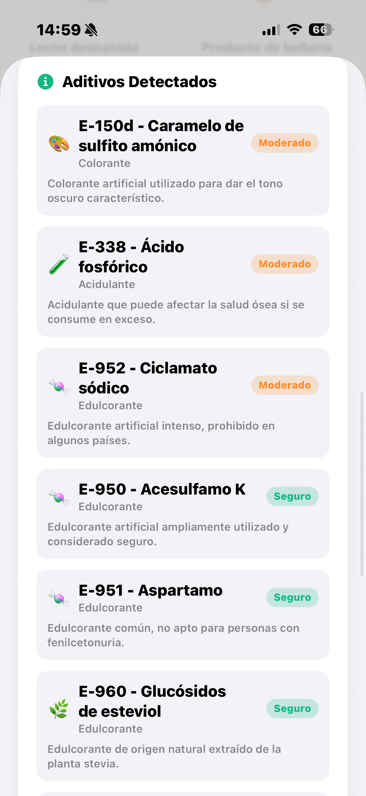 Listado de aditivos detectados por Fudi con nivel de riesgo