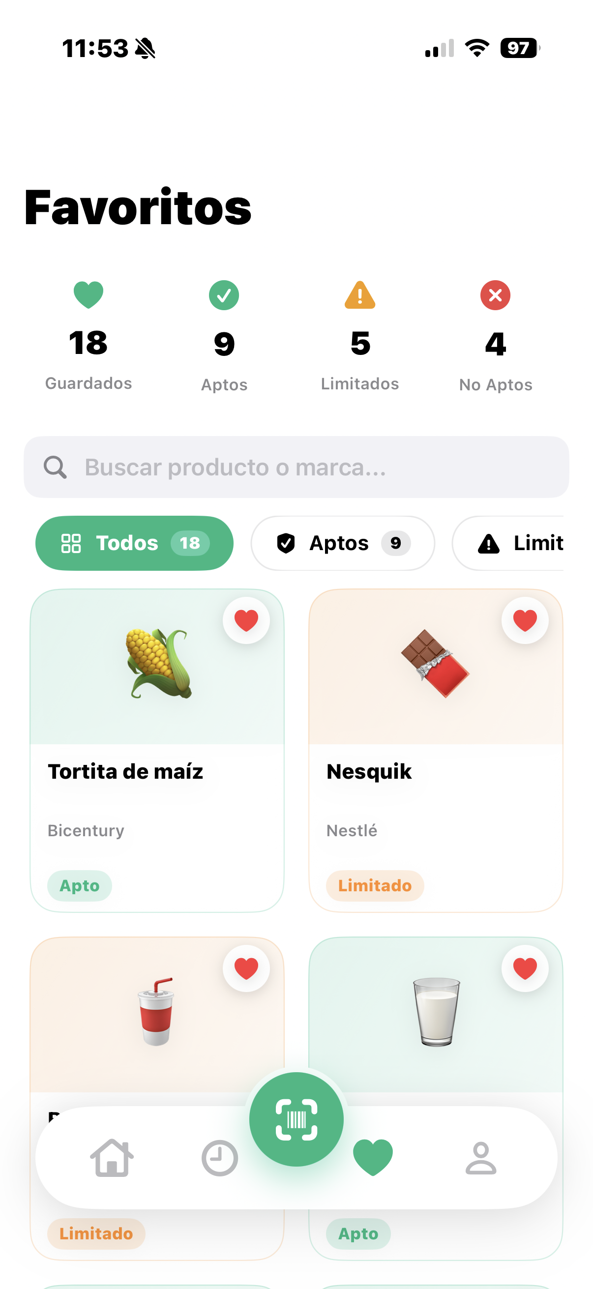 Pantalla de favoritos en Fudi con productos clasificados