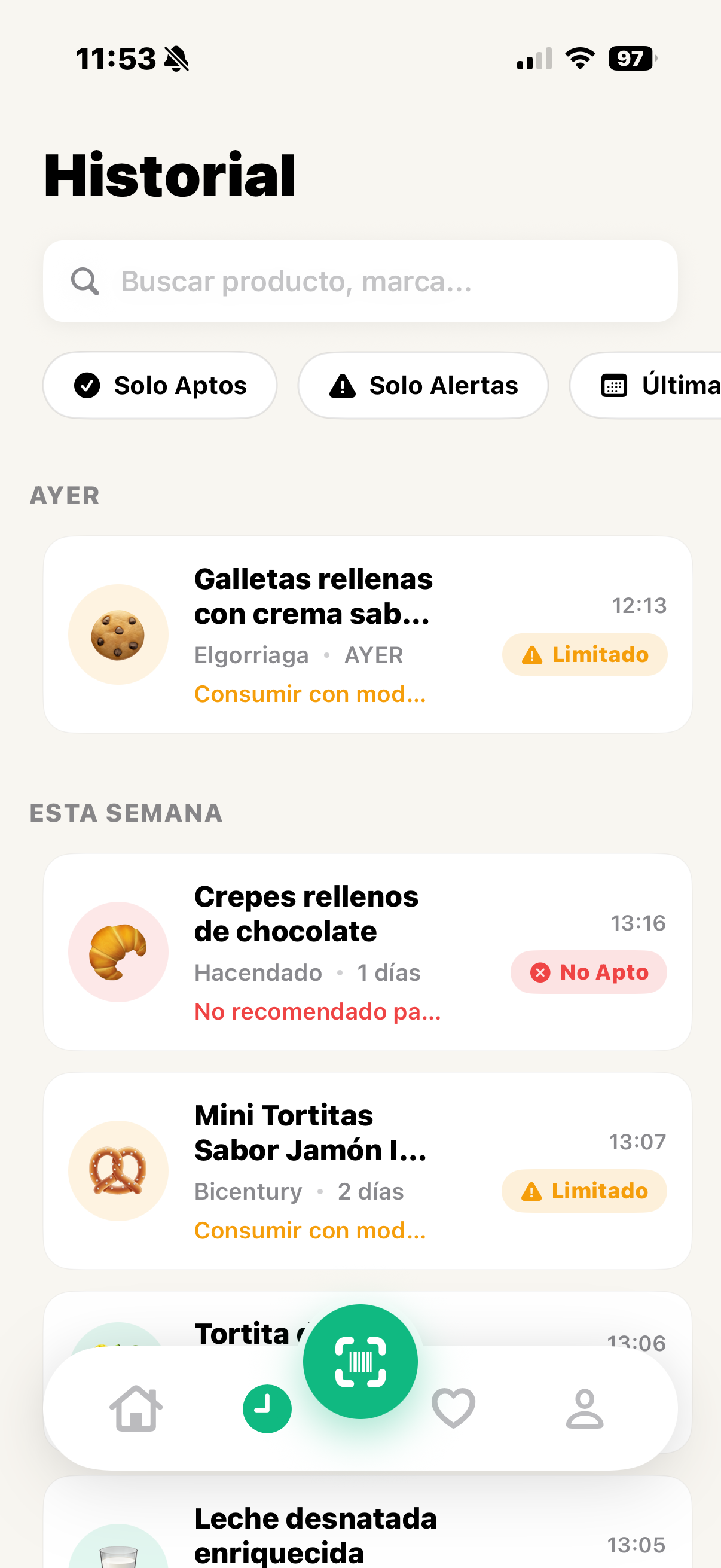 Historial de productos escaneados en Fudi