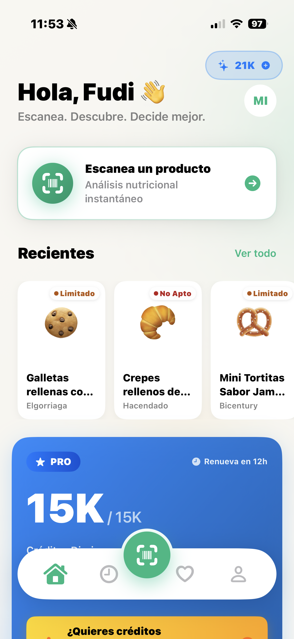 Pantalla de inicio de Fudi con escáner de productos