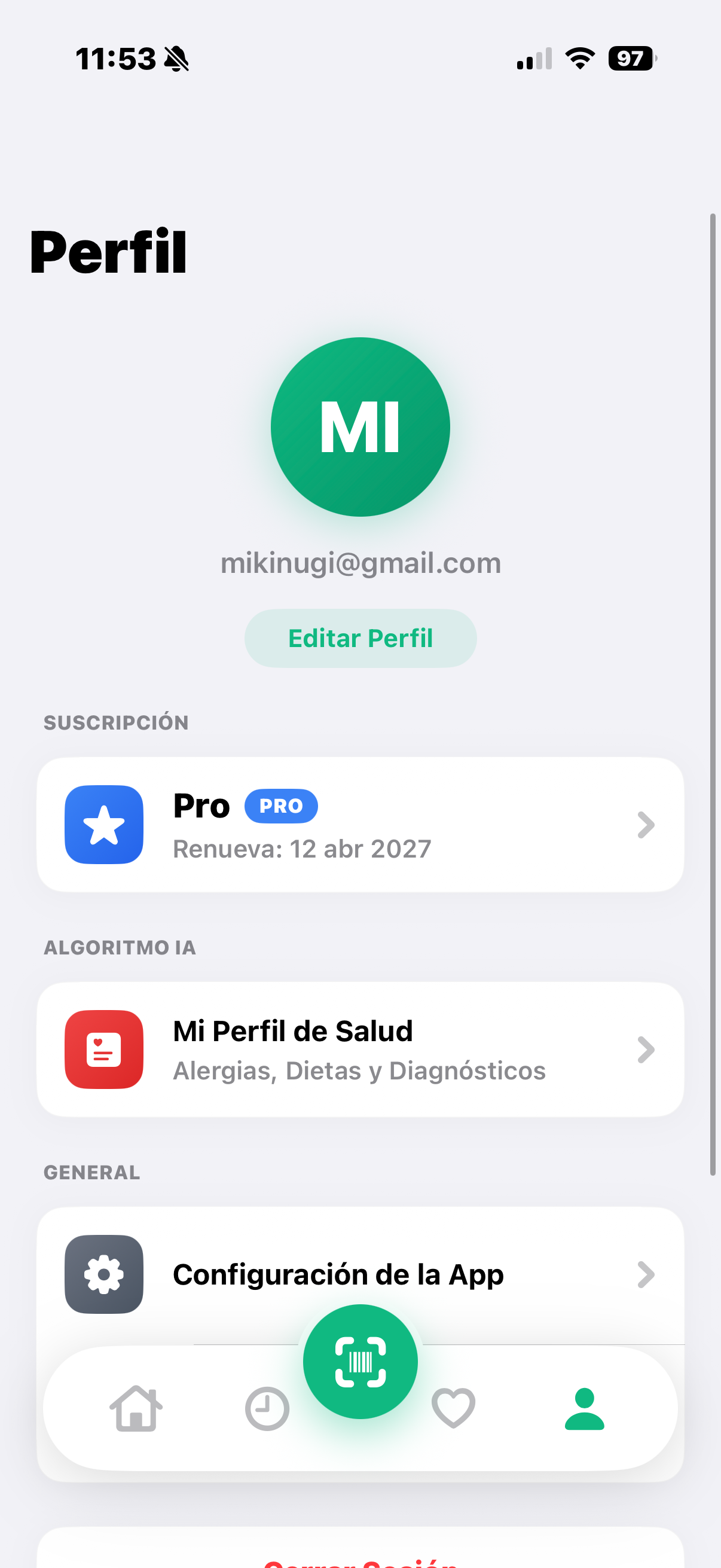 Pantalla de perfil de salud personalizado en Fudi